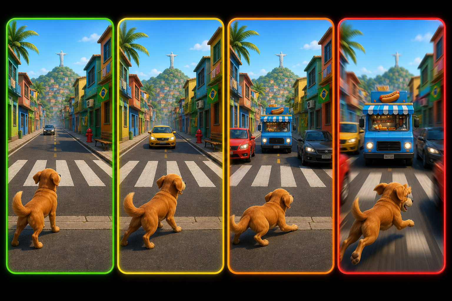 Caramelo Dog Lucky Run — níveis de dificuldade: Easy (verde), Medium (amarelo), Hard (laranja), Hardcore (vermelho)