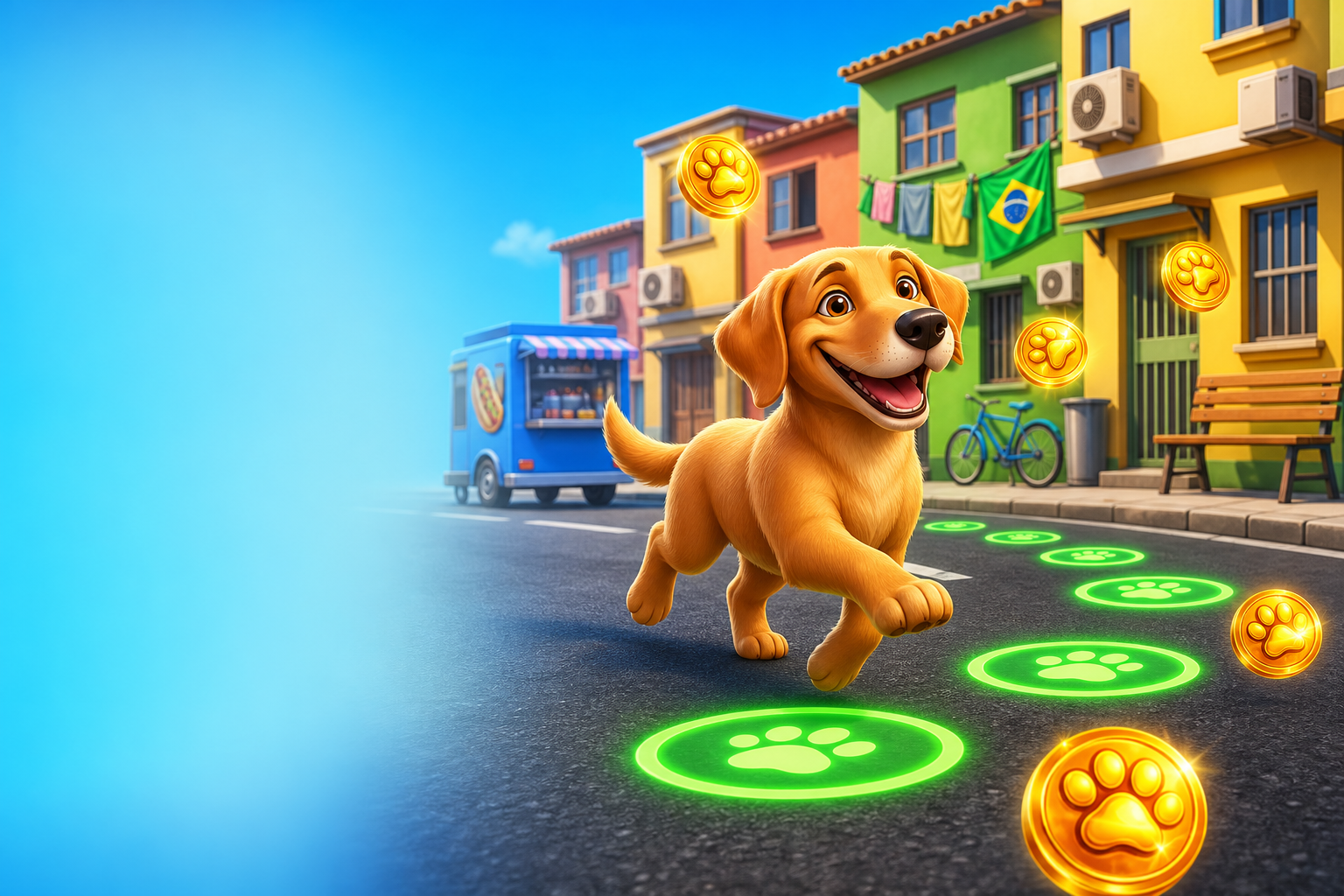 Caramelo Dog Lucky Run — Taco atravessando as ruas do Rio com zonas de multiplicador brilhantes