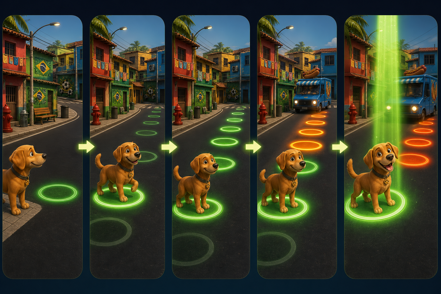 Caramelo Dog Lucky Run — mecânica CrossyRun em 5 etapas: Início, Passo 1, Acumulando, Alto Risco, Coletar ou Crash
